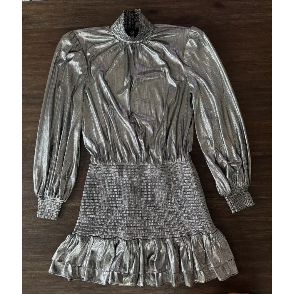 Retrofete Mini Dress Smocked Silver/Gunmetal XS Ruffle Metallic Party - Picture 5 of 12